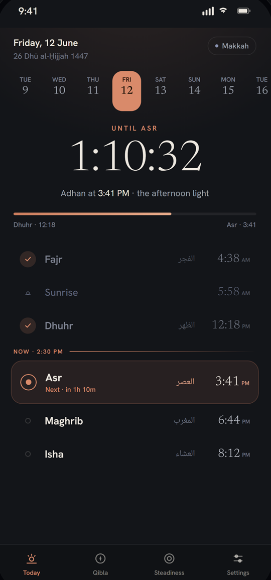 Qarib Athan — Today screen with live prayer countdown